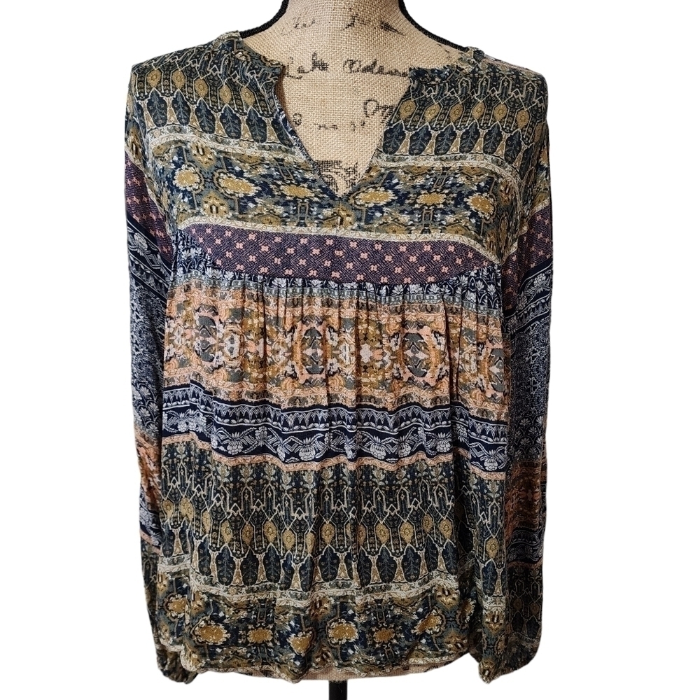 Lucky Brand Long Sleeve V-neck Patterned Oversized Blouse - Small
